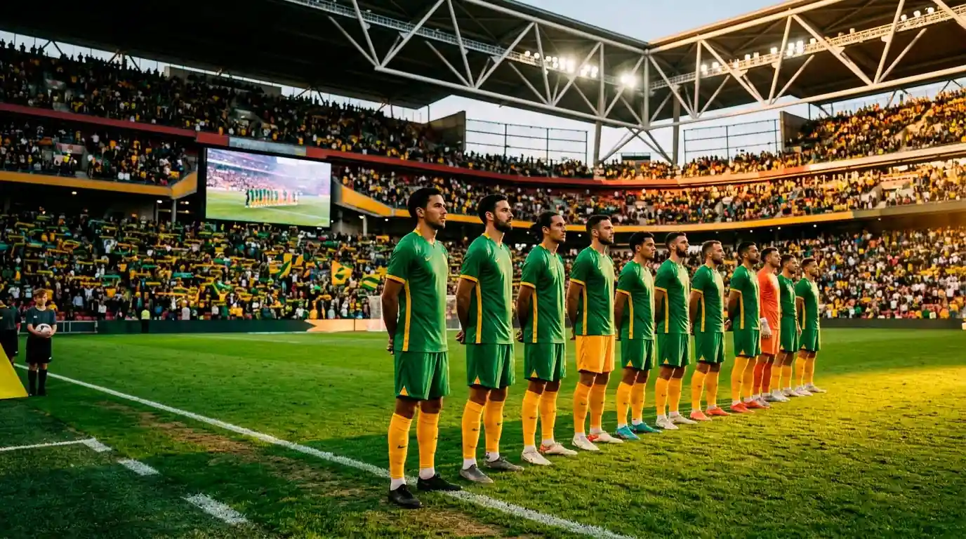 Socceroos players in green and gold lining up before a World Cup match