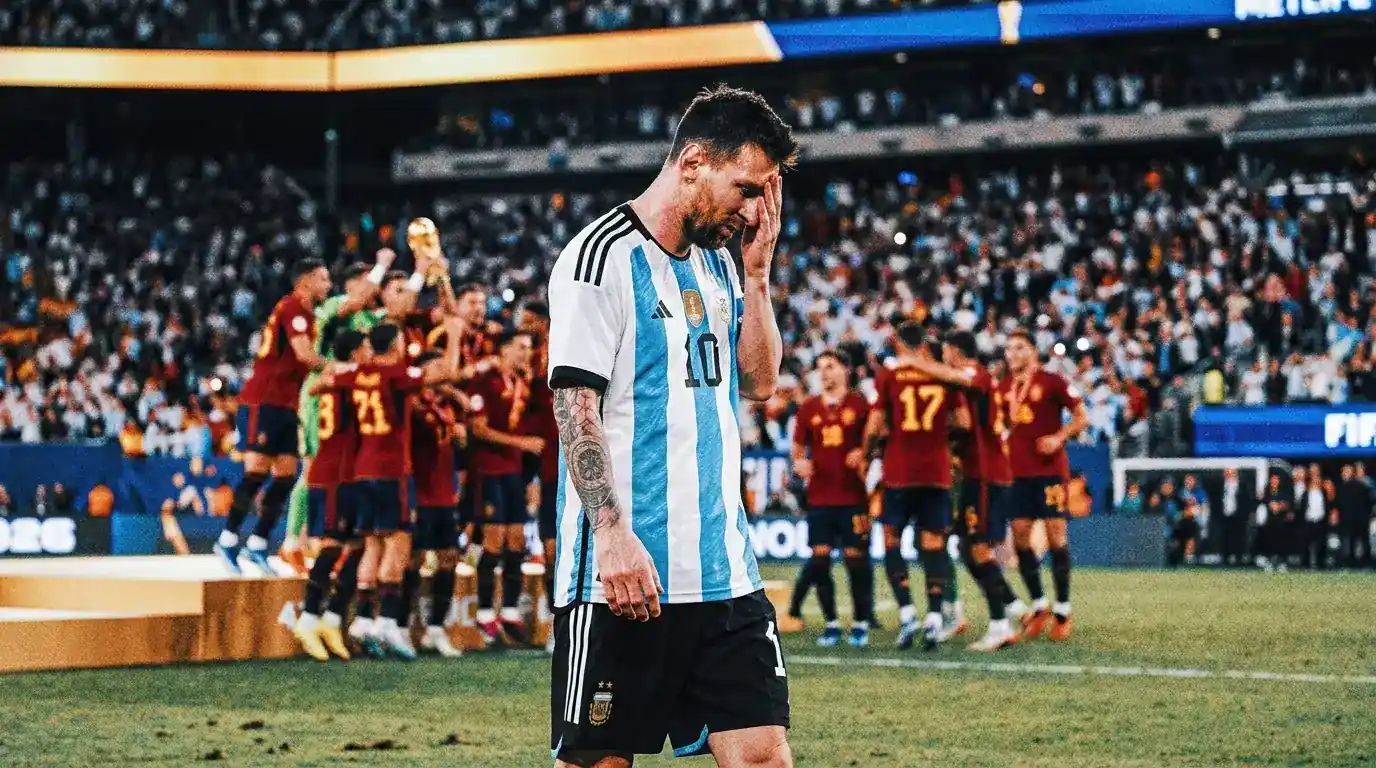 Lionel Messi walks off the MetLife Stadium pitch after Argentina's 1-0 final loss to Spain, concluding his final World Cup with the Silver Ball and 8 goals, but without the trophy or Golden Ball he was favoured to win.