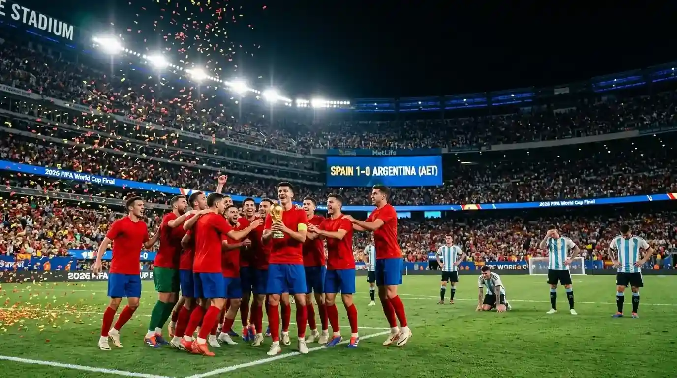 Spain celebrate their 2026 World Cup triumph after a tense 1-0 extra-time victory over Argentina, as Australian punters debate which market offered better value.