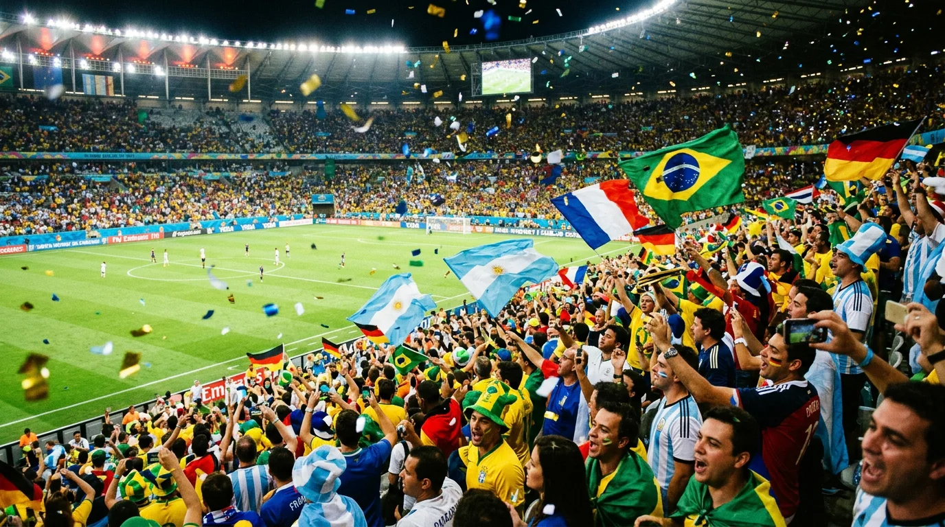 Crowd of football supporters in a packed stadium stand waving flags and scarves during a World Cup group stage match