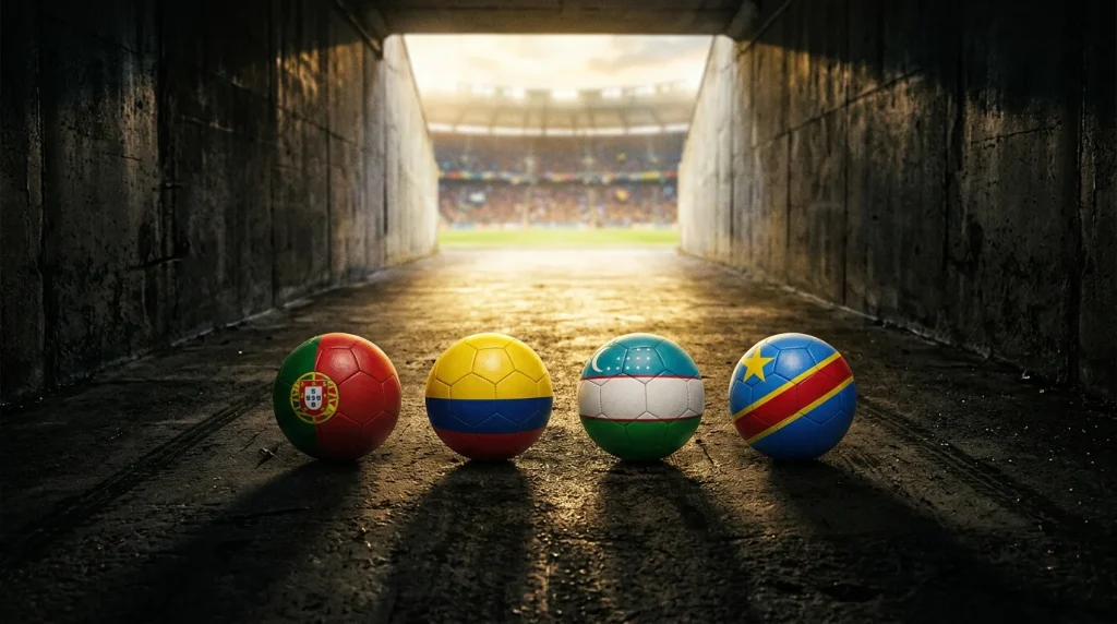 World Cup 2026 Group K crests for Portugal, Colombia, Uzbekistan and DR Congo
