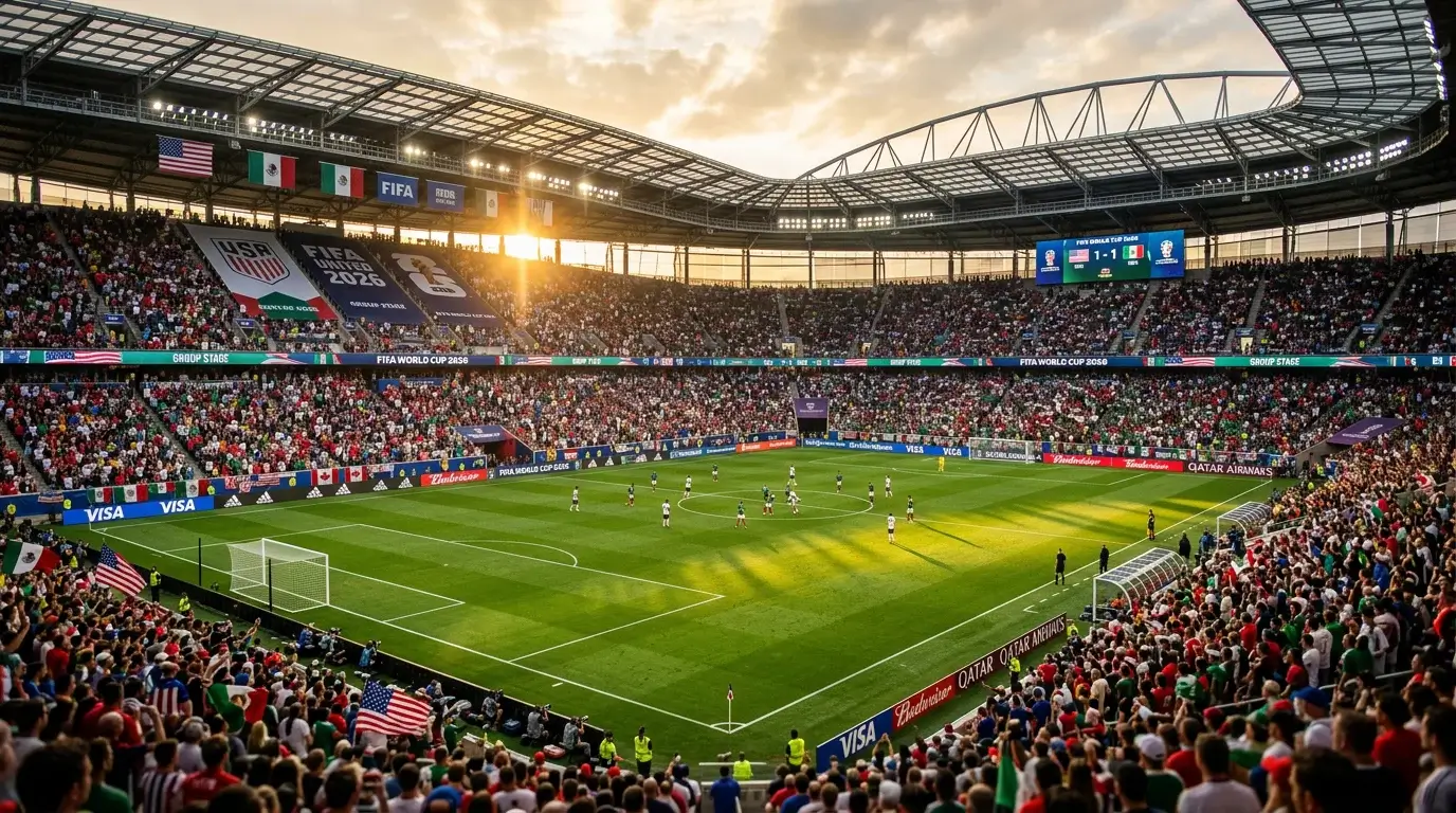 FIFA World Cup 2026 stadium panorama with tournament branding