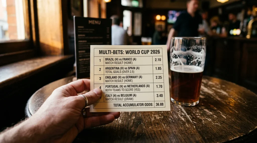 Decimal odds stacked across multiple World Cup 2026 match selections on a betting slip