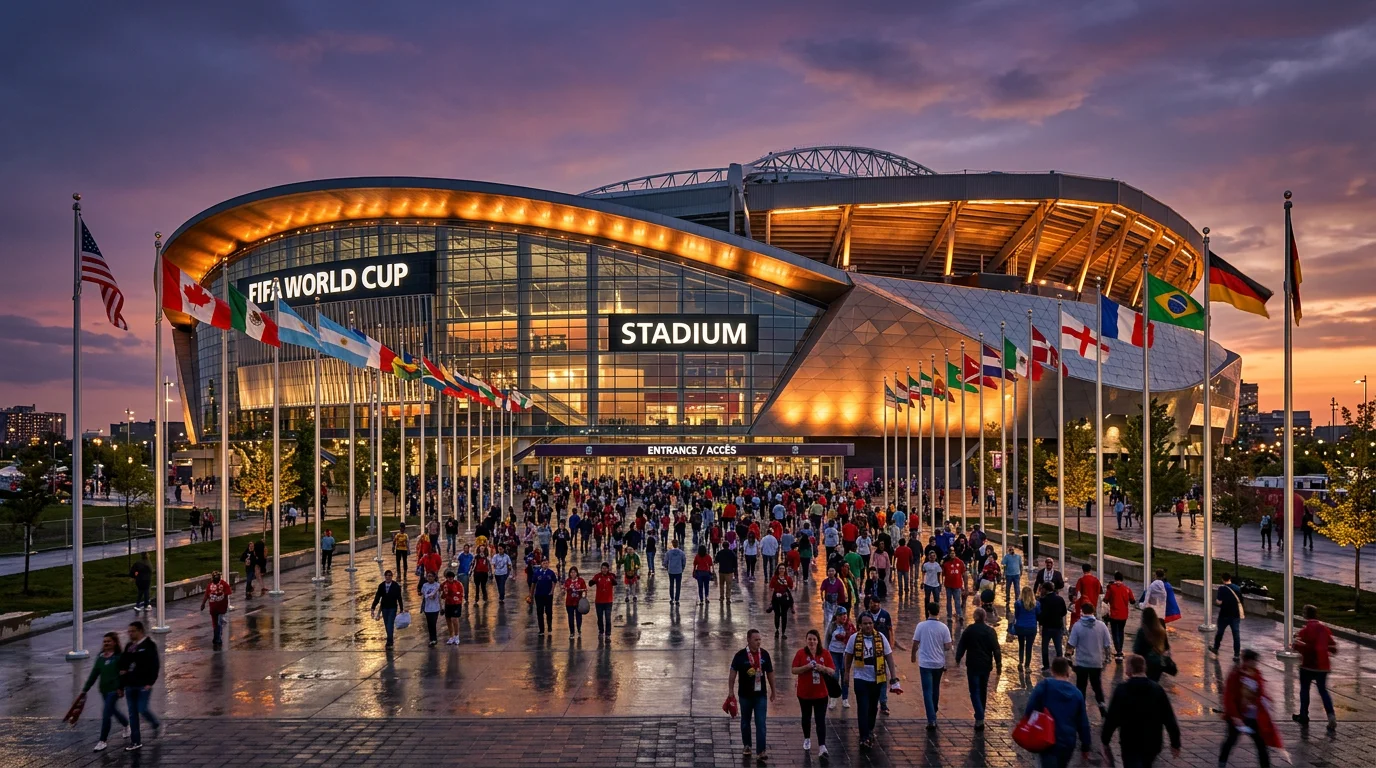 Exterior view of a modern North American football stadium at dusk with fans approaching the entrance gates before a World Cup fixture