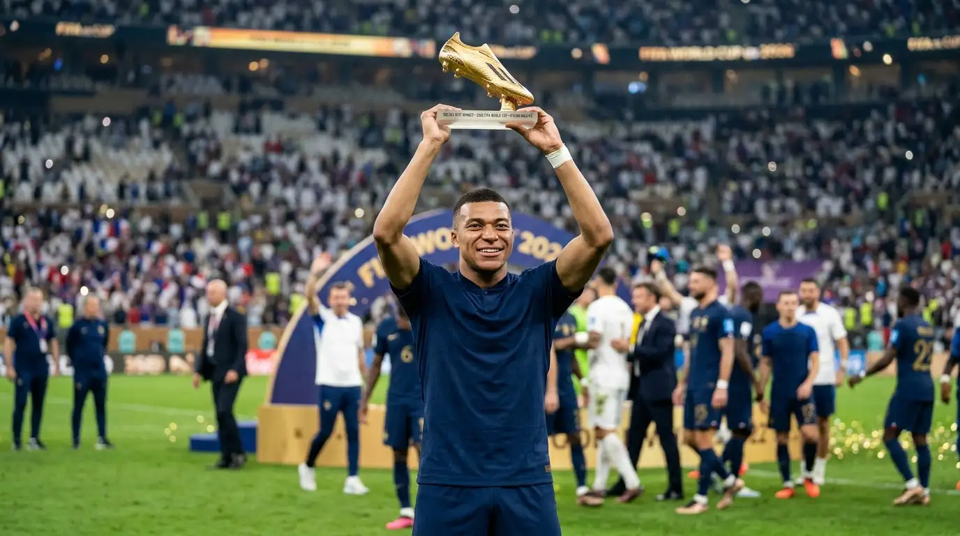 Kylian Mbappé celebrates with the Golden Boot trophy after finishing the 2026 World Cup with 10 goals, becoming the first back-to-back winner and setting an all-time scoring record.