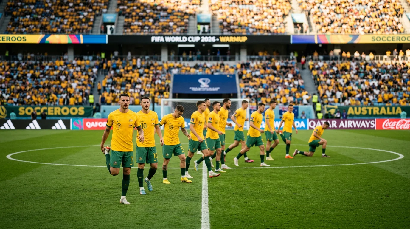 Australian national football team players in gold jerseys warming up on the pitch before a World Cup match