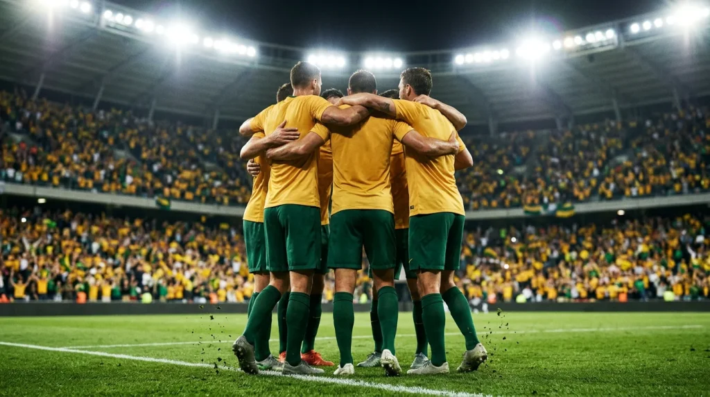 Australian national football team players in gold jerseys celebrating during a World Cup qualifier with a packed stadium behind them