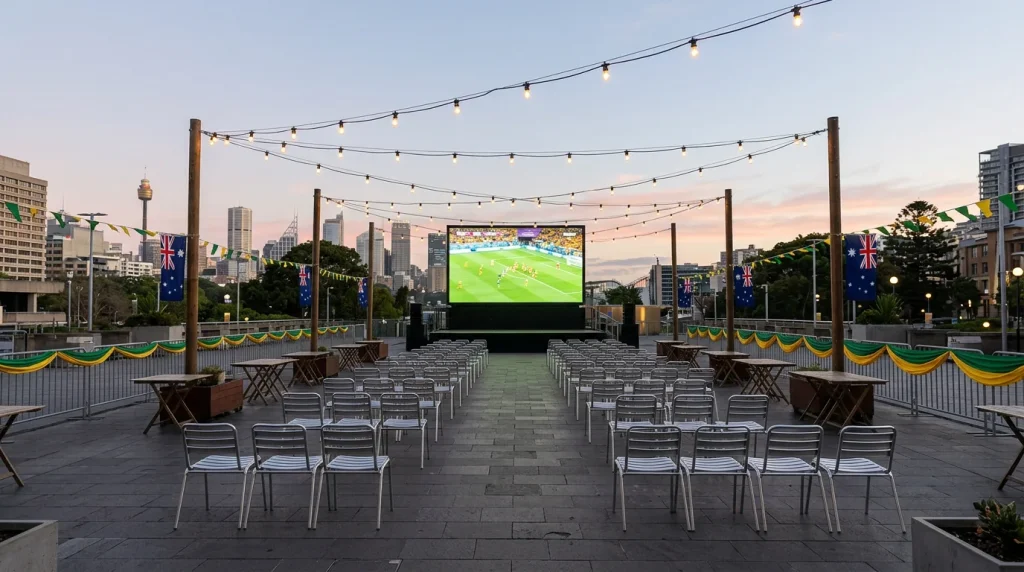 Australian football fan wearing Socceroos colours watching a World Cup match on a large screen at an early morning viewing event in Melbourne