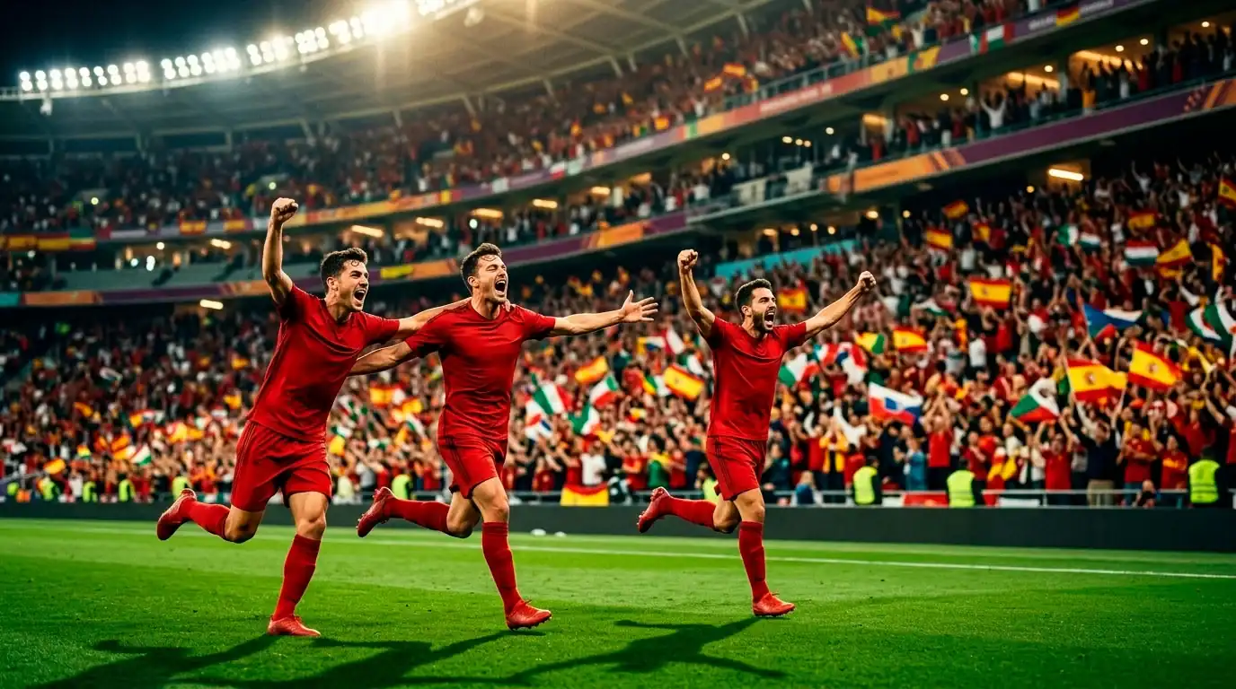 Spain forwards celebrate a goal at World Cup 2026
