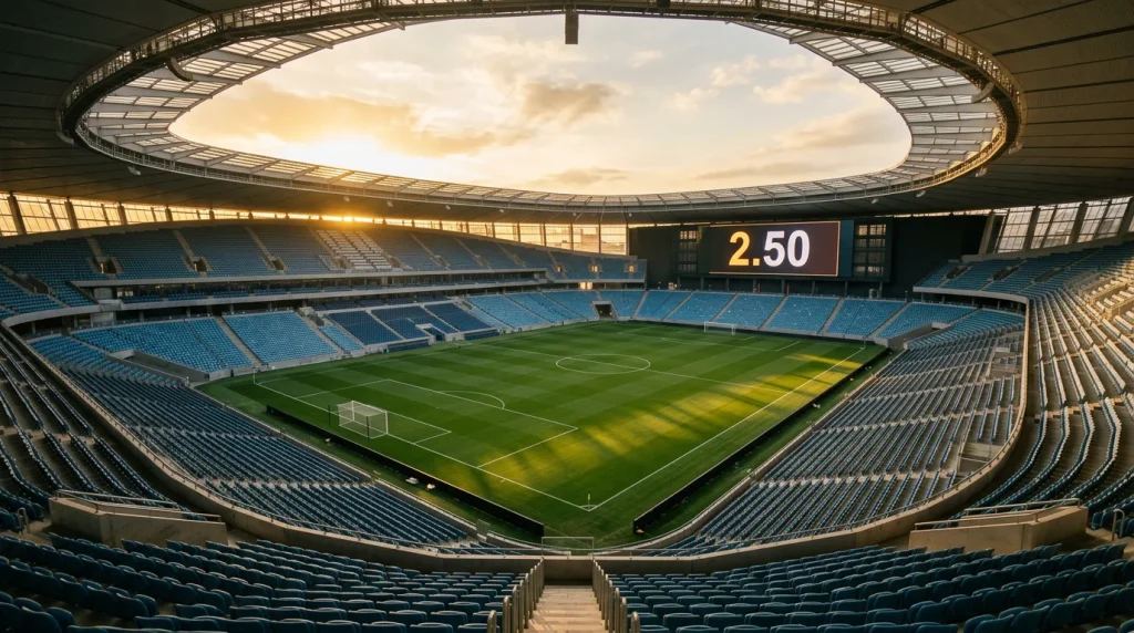 Stadium scoreboard displaying decimal odds for the 2026 FIFA World Cup with 48-team tournament bracket visible in the background