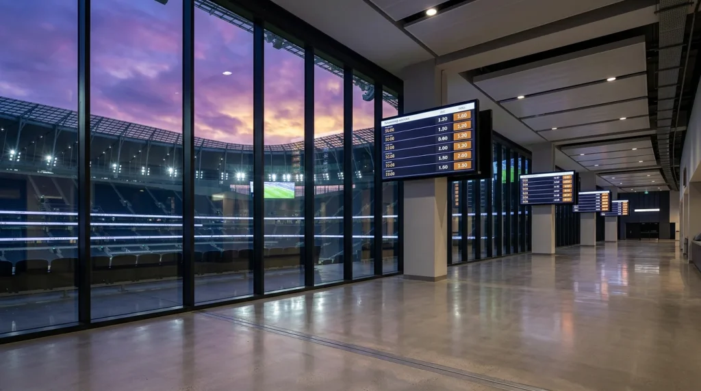 Football stadium concourse at dusk with digital screens showing live match schedules and decimal odds for upcoming World Cup 2026 fixtures