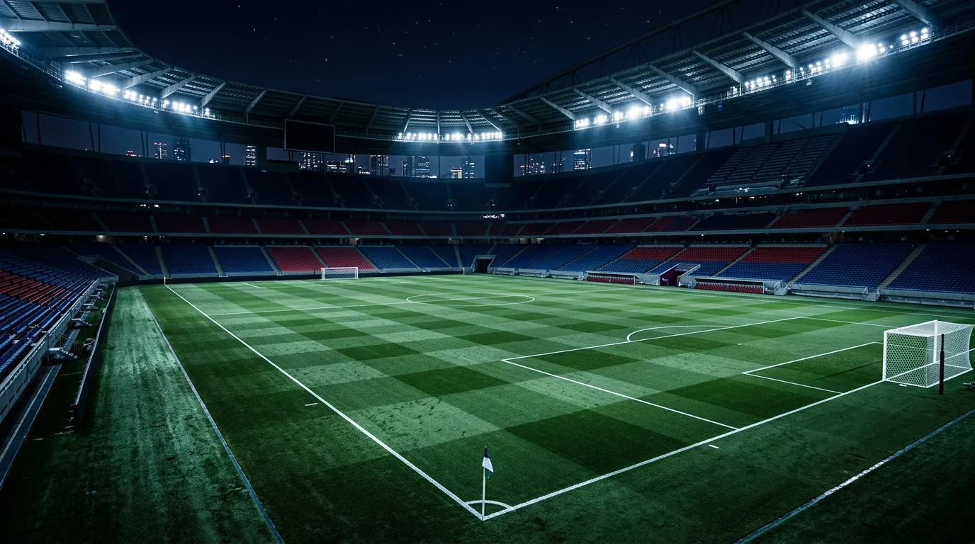 Panoramic view of a World Cup 2026 stadium pitch with freshly marked lines and corner flags under floodlights