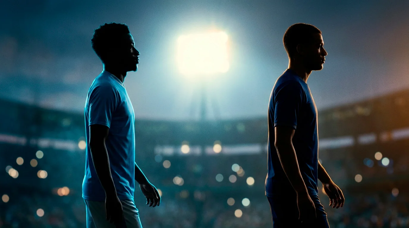 Messi and Mbappé silhouetted against a stadium floodlight