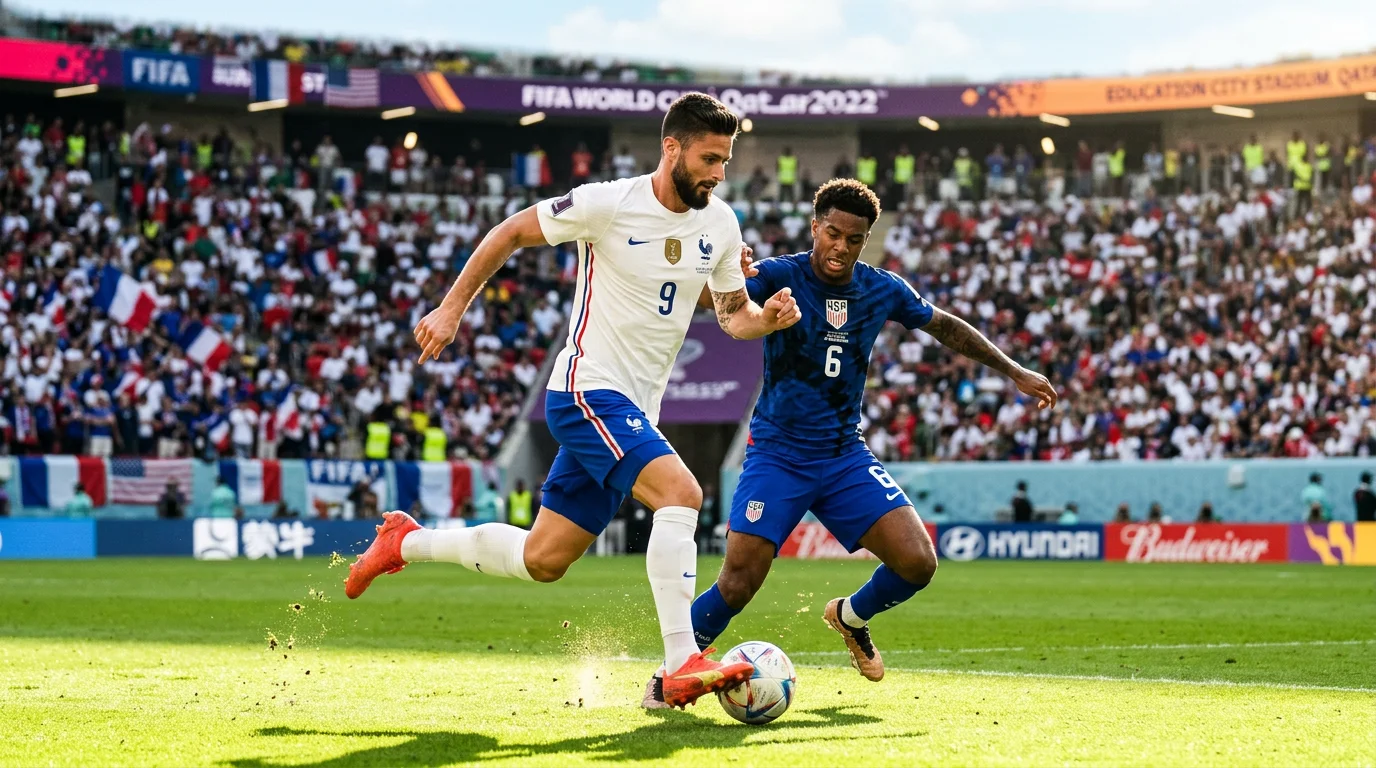 Two national football teams competing for the ball during a World Cup group stage match on a sunlit pitch